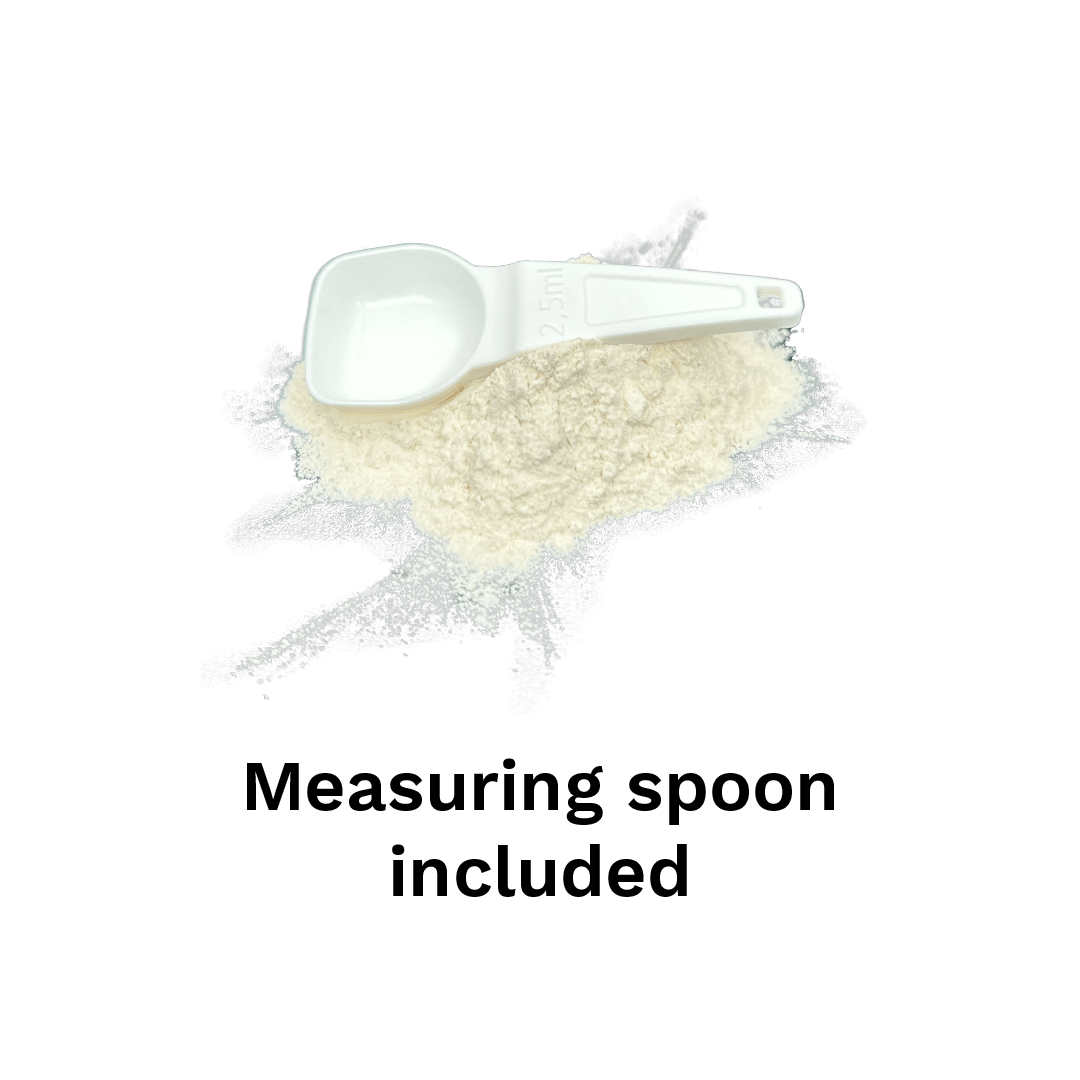 A white measuring spoon on a pile of white eggshell powder. With the text