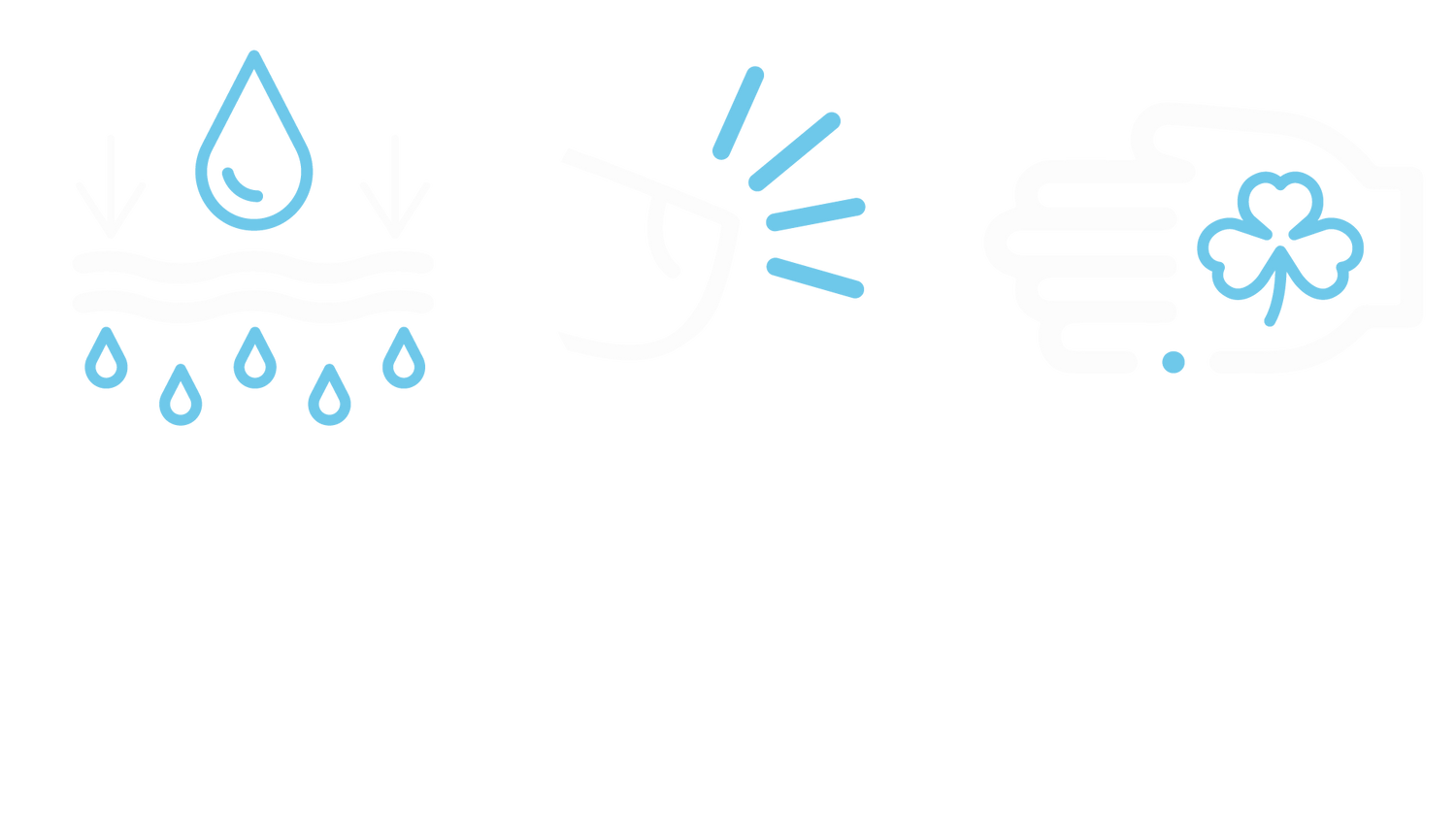 Three icons arranged horizontally. Moisturised skin, a dog nose and a human hand with a four-leaf clover.