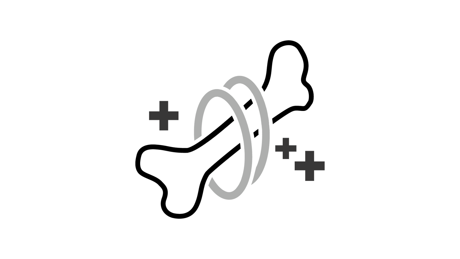 Icon of a strong bone surrounded by a ring and plus signs around it