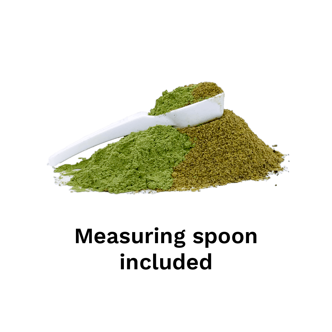 A white measuring spoon on a pile of green seaweed and parsley powder. With the text