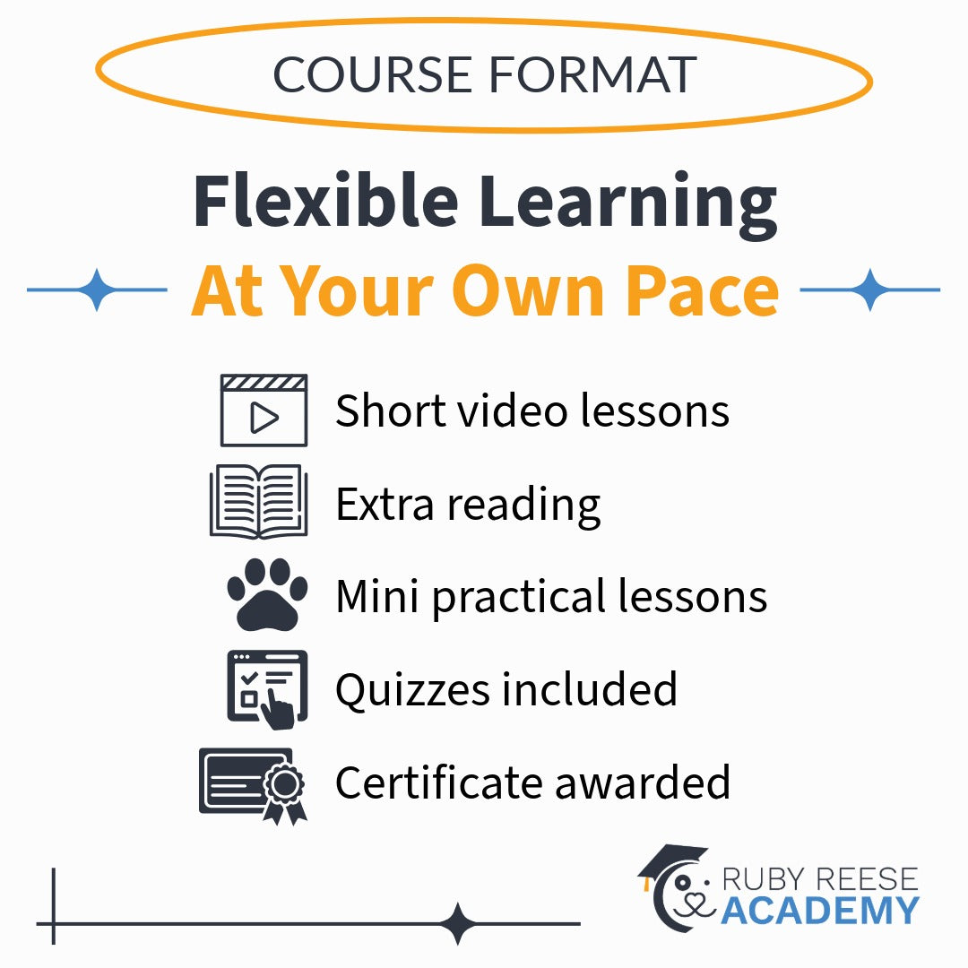 Course format description with icons and text on a white background, featuring Ruby Reese Academy logo.