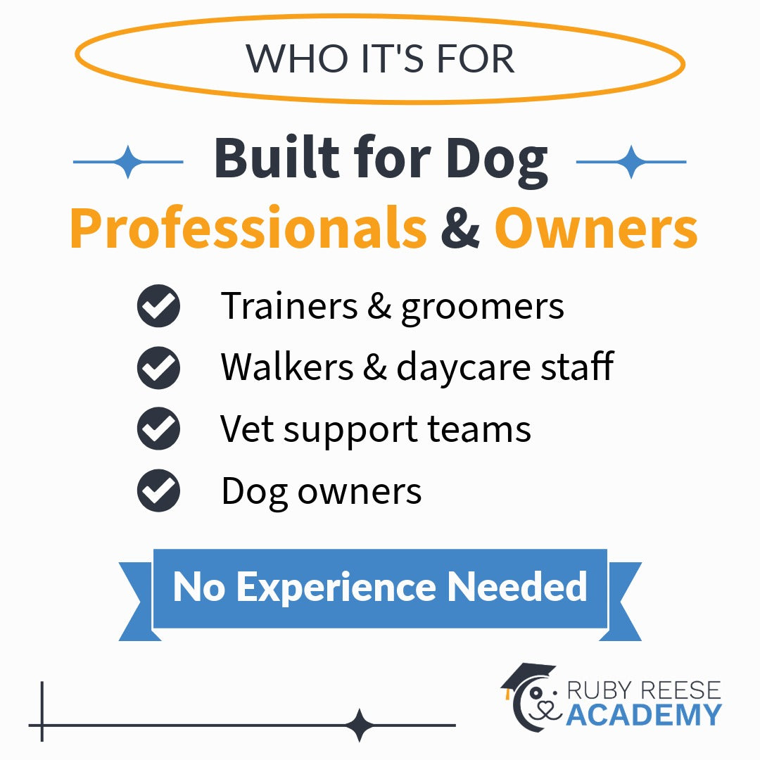 Text highlighting 'Who It's For' section for dog professionals and owners with a checkmark list and Ruby Reese Academy logo.