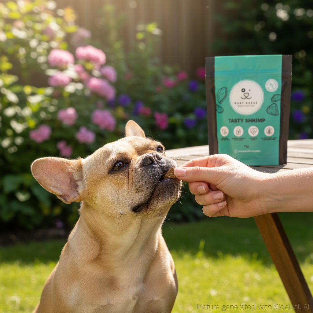 French bulldog with Tasty Shrimp treat in garden - square format