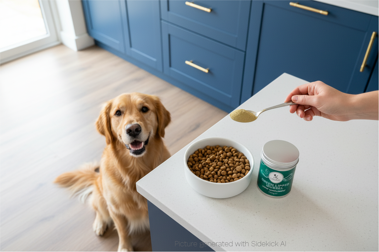 Green Lipped Mussel with waiting dog