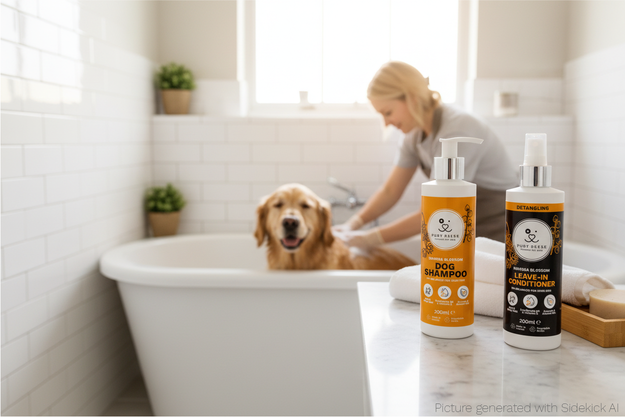Mimosa Blossom Dog Grooming Set in bathroom scene