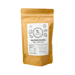 The RUBY REESE DELICIOUS SALMON refill pack is a pouch made from brown kraft paper with a white label attached to the front