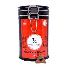 A black tin of RUBY REESE DELICIOUS SALMON natural dog treats with an orange label with some treats spilled in front of it