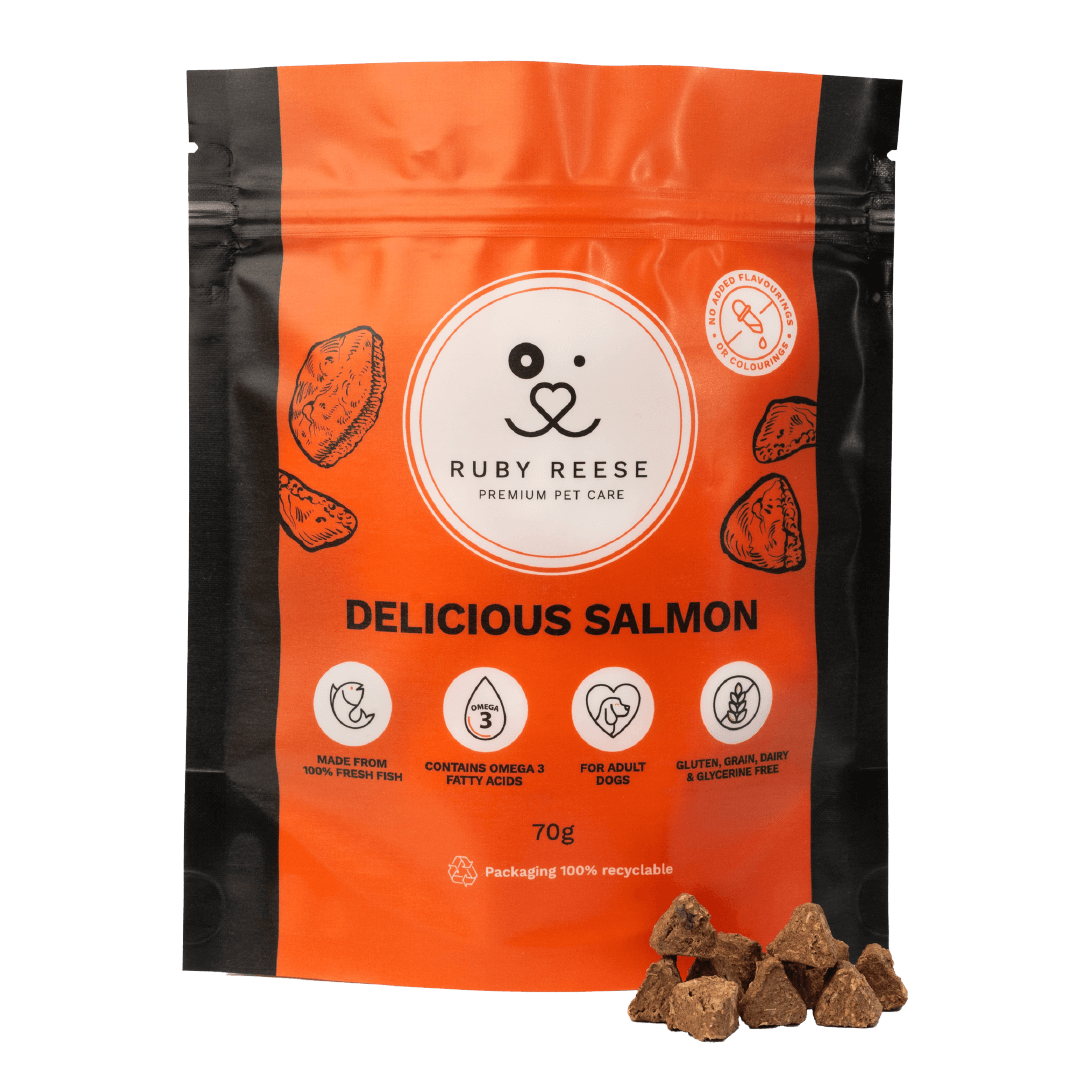 An orange pouch of RUBY REESE DELICIOUS SALMON natural dog treats with a ziplock and some treats spilled in front of it