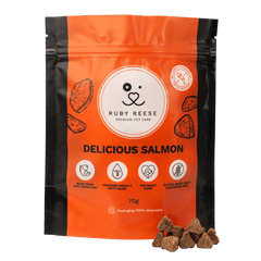 An orange pouch of RUBY REESE DELICIOUS SALMON natural dog treats with a ziplock and some treats spilled in front of it