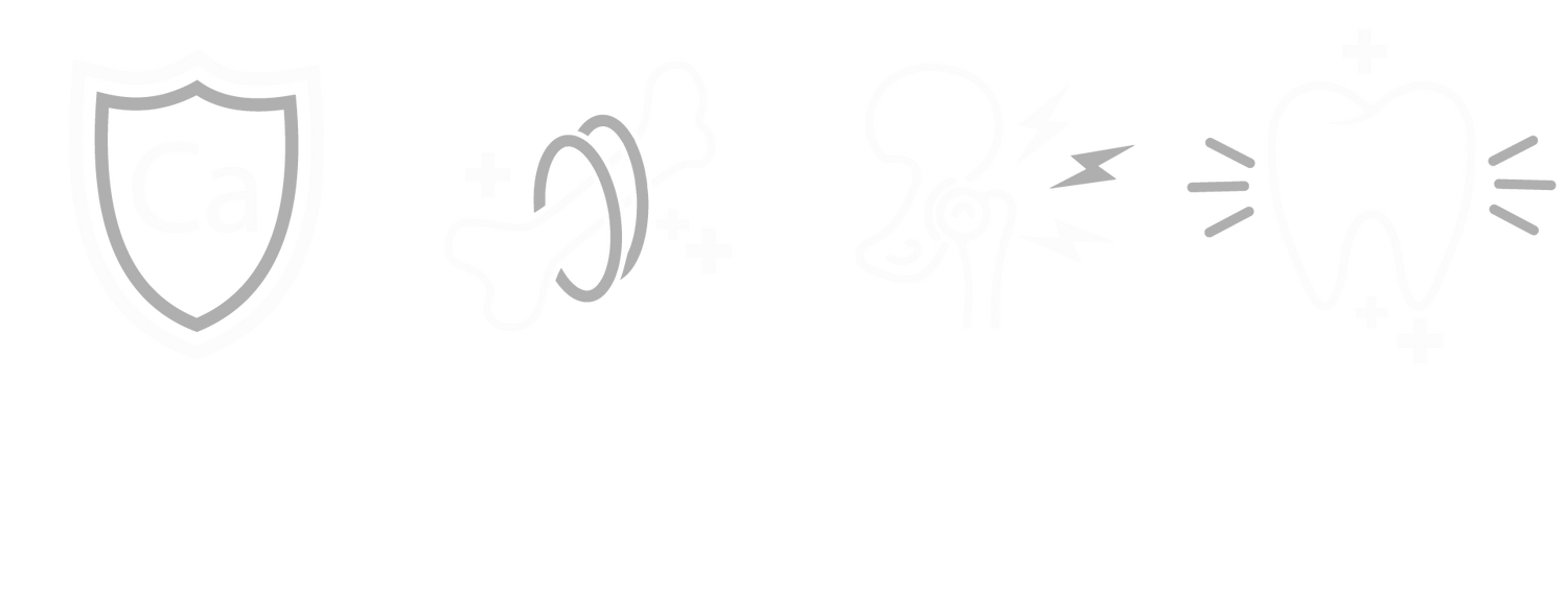 Four icons arranged horizontally. An icon for calcium, a strong bone, a hip in pain and a shiny tooth.