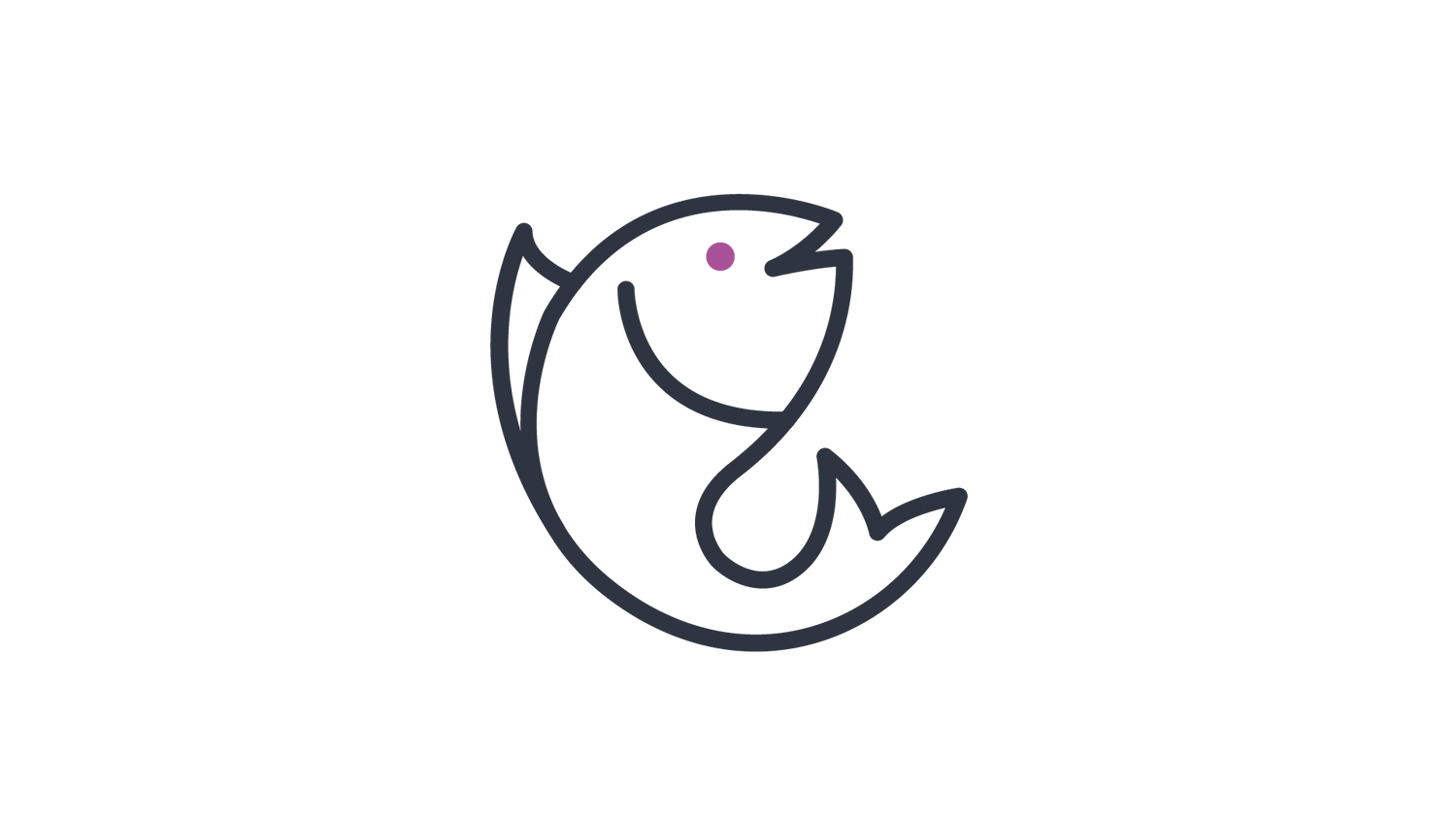 Icon of a fish bending into a half circle the opening is to the right with a happy face with a simple dot as an eye