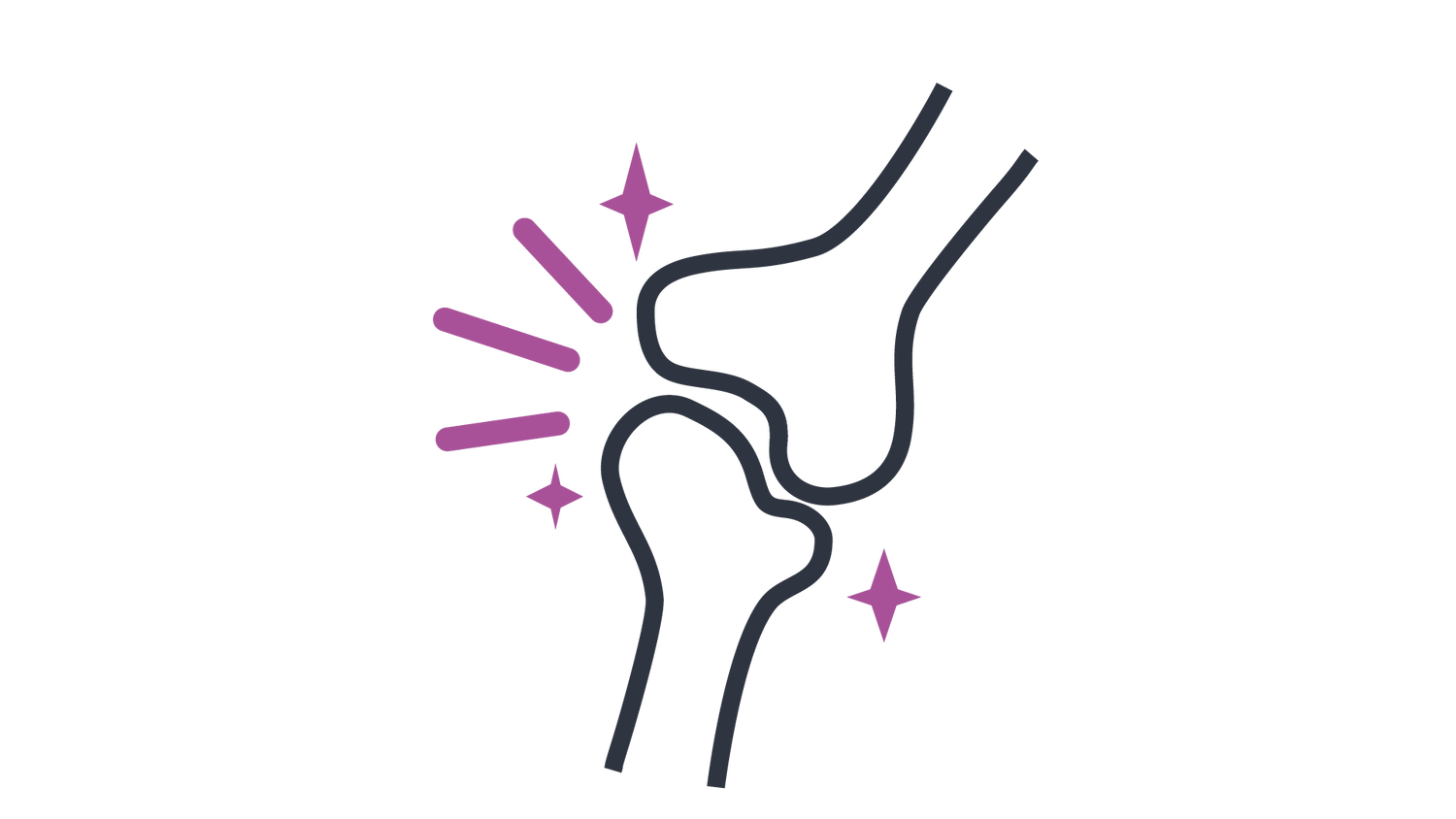 Icon of two bones ends building a joint with lines and stars symbolising shine