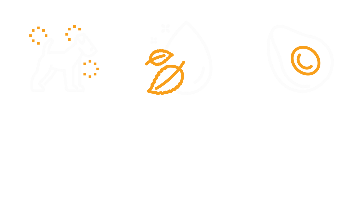 Three icons arranged horizontally. A shiny dog, an oil droplet with two leaf-like shapes and a halved avocado with the stone