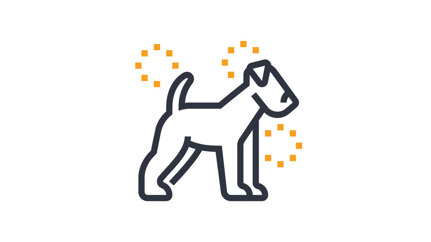 Icon of a dog surrounded by scattered square-shaped embellishments that suggests shine