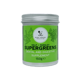 The RUBY REESE SUPERGREENS POWDER 150g in an aluminium tin with a green label