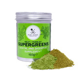 RUBY REESE SUPERGREENS POWDER 150g in an aluminium tin with a green label with a pile of green seaweed and parsley powder