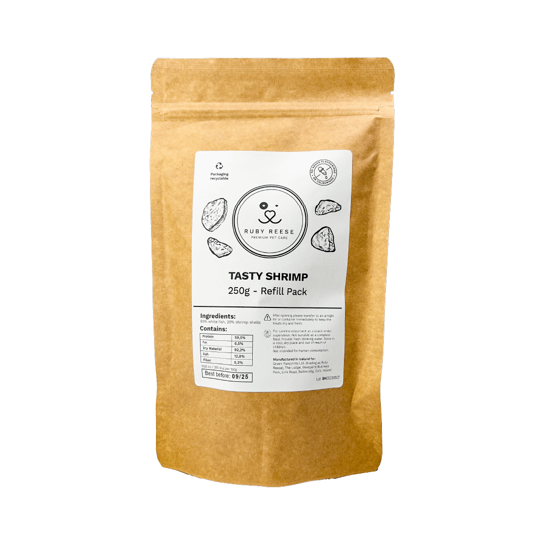 The RUBY REESE TASTY SHRIMP refill pack is a pouch made from brown kraft paper with a white label attached to the front