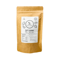 The RUBY REESE TASTY SHRIMP refill pack is a pouch made from brown kraft paper with a white label attached to the front